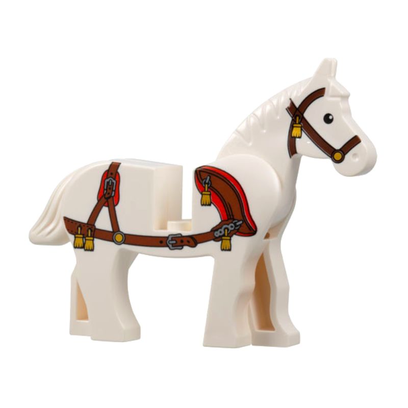 4493c01pb08 White Horse with Black Eyes, White Pupils, Dark Brown Bridle and Reddish Brown Harness with Gold Tassels Pattern