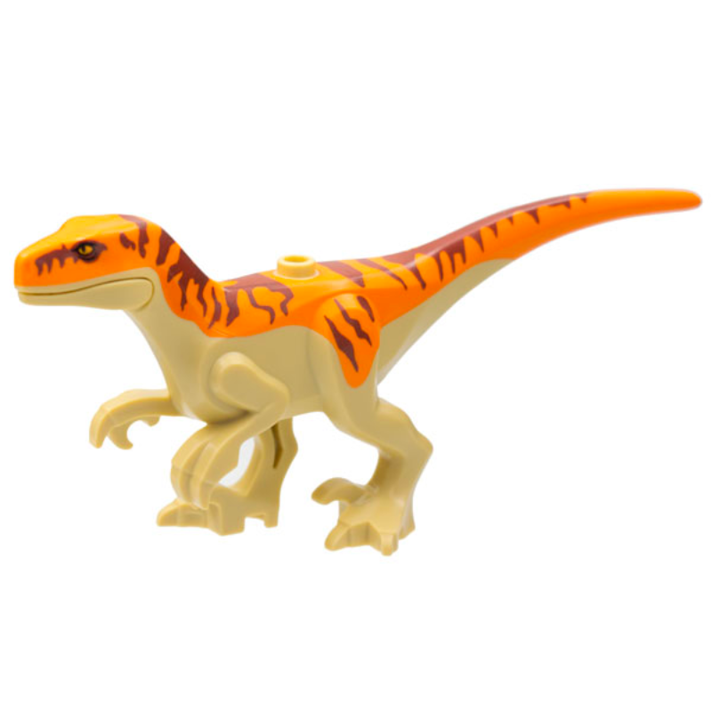 Atrocira01 Tan Dinosaur Atrociraptor with Orange Back, Reddish Brown Stripes, and Bright Light Orange Eyes