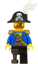 PI185  Pirate Captain - Bicorne Hat with Skull and White Plume, Pearl Gold Epaulettes, Blue Open Jacket, Black Leg and Pearl Dark Gray Peg Leg