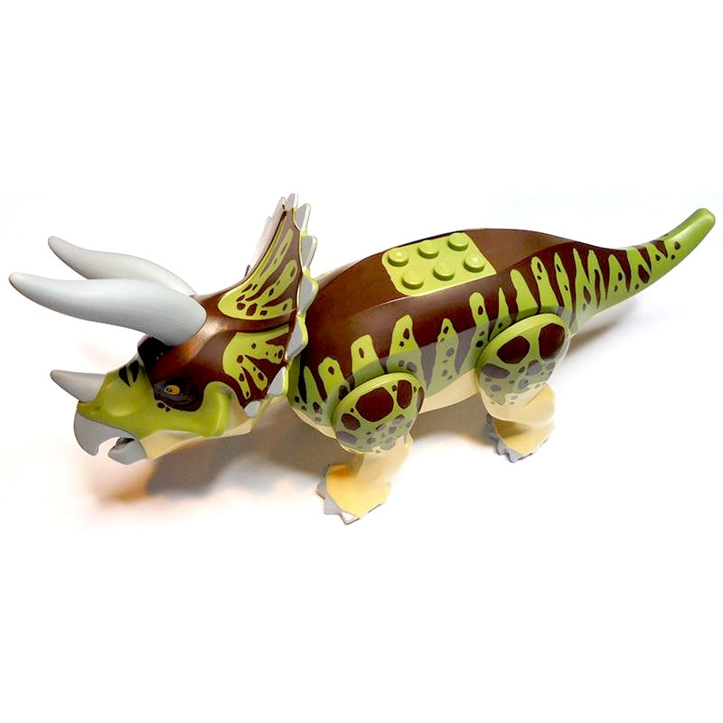 tricera04 Tan Dinosaur Triceratops with Olive Green and Dark Brown Stripes on Back