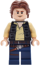 SW1457: Han Solo - Black Vest with Pockets over Tan Shirt with Dark Bluish Gray Creases, Dark Blue Legs with Belts