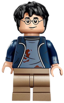 HP419 Harry Potter - Dark Blue Open Jacket over Sand Blue Shirt with Dirt Stains, Printed Arms, Dark Tan Medium Legs