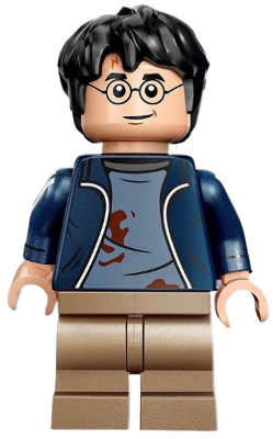 HP419 Harry Potter - Dark Blue Open Jacket over Sand Blue Shirt with Dirt Stains, Printed Arms, Dark Tan Medium Legs