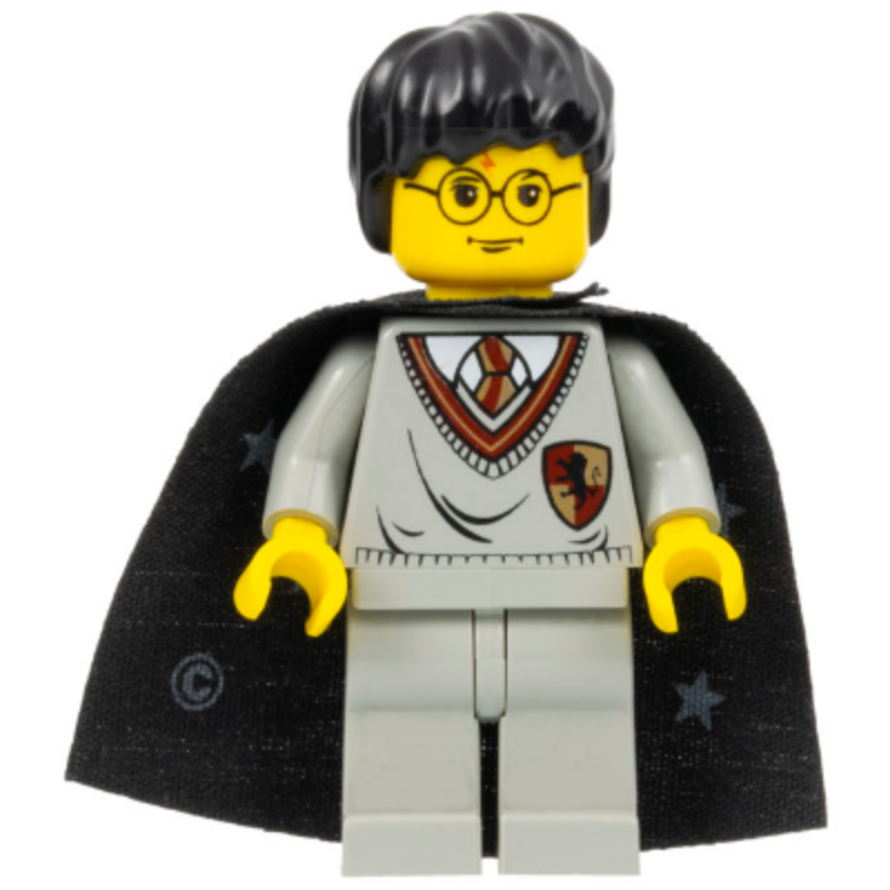 HP005 Harry Potter, Gryffindor Shield Torso, Light Gray Legs, Black Cape with Stars