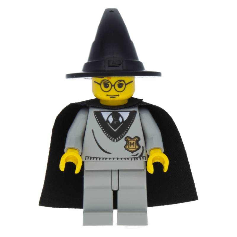 HP035 Harry Potter, Hogwarts Torso, Light Gray Legs, Black Wizard / Witch Hat, Black Cape with Stars