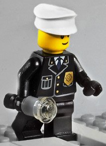 COP045: Police - City Suit with Blue Tie and Badge, Black Legs, White Hat - with Light-Up Flashlight