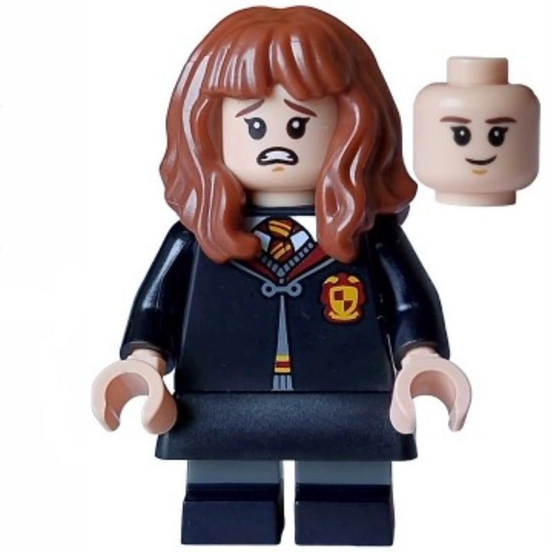 HP468 Hermione Granger - Gryffindor Robe Clasped, Black Skirt, Black Short Legs with Dark Bluish Gray Stripes, Open Mouth Scared / Closed Mouth Grin