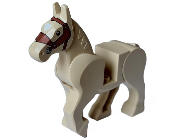 10352c01pb07 Tan Horse, Movable Legs with Black Eyes, White Pupils, Reddish Brown Bridle and White Blaze Pattern