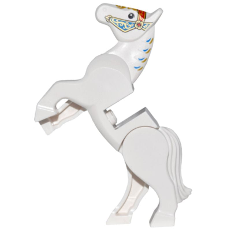 10352c01pb05 White Horse, Movable Legs with Black Eyes, White Pupils and Blue, Gold and Red Ornate Bridle Pattern