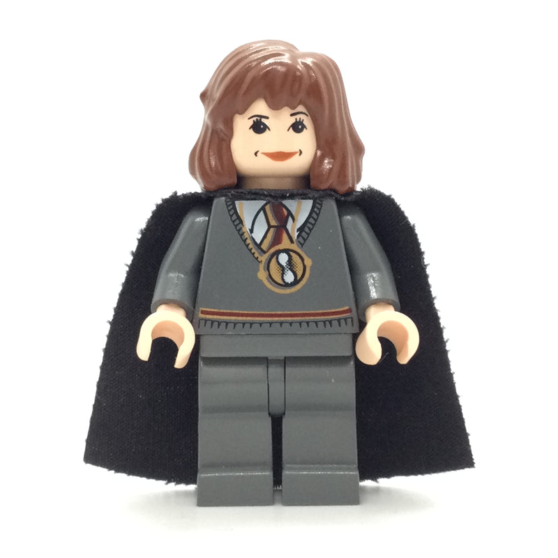 HP063 Hermione Granger - Gryffindor Stripe Torso w/ Necklace Time Turner, Dark Bluish Gray Legs, Plain Black Cape
