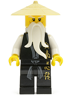 NJO026 Wu Sensei - Black Kimono with Gold Asian Symbols, Dark Bluish Gray Sash, Tan Asian Hat, White Beard